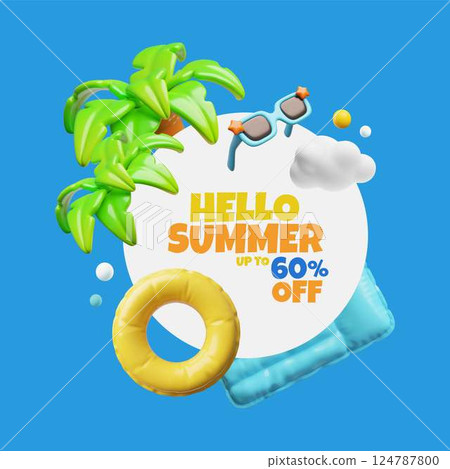 Hello summer sale 60 off 3D vector design with beach and pool elements, palm, sunglasses, inflatable mattress and ring 124787800