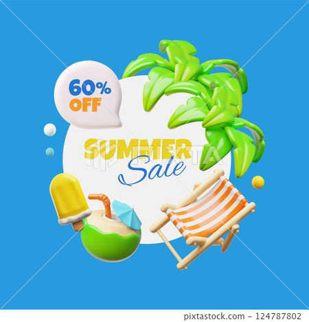 Summer sale 60 off 3D marketing vector design, beach chair, palm trees, coconut cocktail and ice cream, discount offer 124787802