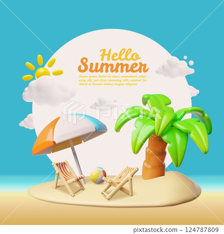 3D vector poster with round frame, tropical island and hello summer time lettering. 3D vector poster with round frame, tropical island and hello summer time lettering. 124787809