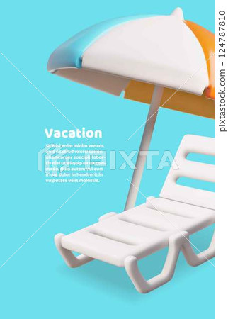 Summer vacation 3D poster vector design, beach lounger sunbed and umbrella, cartoon seaside or pool recreation furniture 124787810
