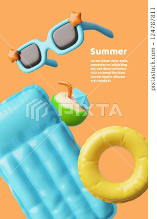 Summer holiday 3D vector poster with beach and pool elements, coconut cocktail, sunglasses, inflatable mattress and ring 124787811