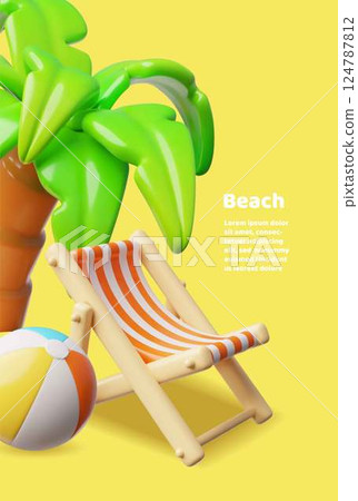 Beach chair, palm tree and inflatable ball 3D plastic style vector illustration, cartoon vacation resort, summer holiday 124787812