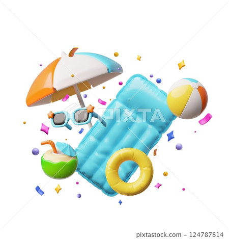 Summer travel, beach and pool 3D design with confetti, umbrella, coconut cocktail, sunglasses, inflatable mattress Summer travel, beach and pool 3D design with confetti, umbrella, coconut cocktail, sunglasses, inflatable mattress 124787814