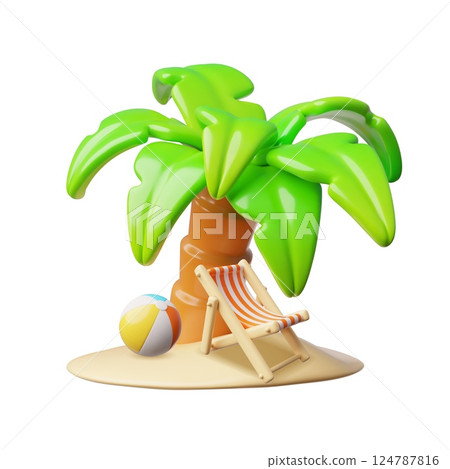 Vector 3D illustration with beach island with sand, palm tree, sun lounger and ball. Vector 3D illustration with beach island with sand, palm tree, sun lounger and ball. 124787816