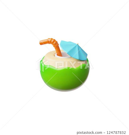 3d vector illustration of green coconut summer cocktail with straw and umbrella. 3d vector illustration of green coconut summer cocktail with straw and umbrella. 124787832