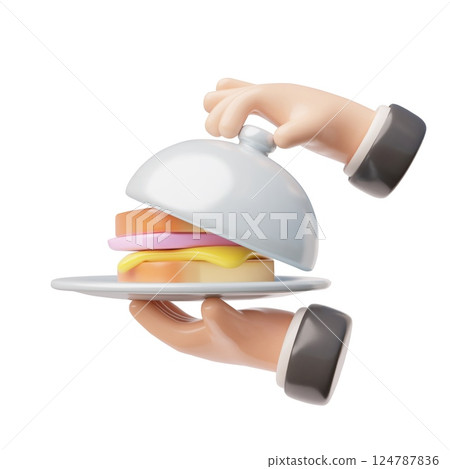 Waiter tray platter with sandwich and opening lid holding by hand 3D vector, restaurant or Cafe dish delivery service 124787836
