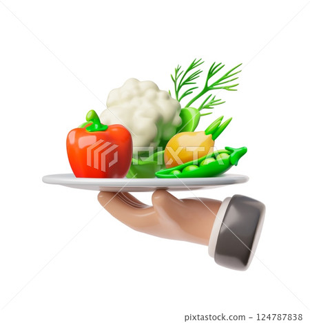 Waiter tray platter with vegetables holding by hand 3D cartoon vector icon, white tray with farm products pepper, onion Waiter tray platter with vegetables holding by hand 3D cartoon vector icon, white tray with farm products pepper, onion 124787838