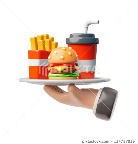 Waiter tray platter with fast food holding by hand 3D cartoon icon, vector tray with hamburger, French fries and soda Waiter tray platter with fast food holding by hand 3D cartoon icon, vector tray with hamburger, French fries and soda 124787839