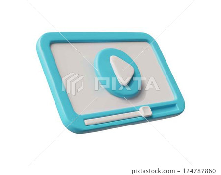 Tablet computer with video player vector 3D, volume portable device in blue case, gadget with touchpad screen start sign 124787860