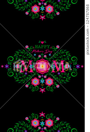 Mother's day hand drawn flowers, best mom text concept, floral poster, banner or greeting card in colorful Mexican style, vector illustration frame border isolated on black background, copy space 124787868
