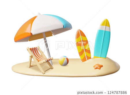 3D beach with surfboards, umbrellas, lounge chair and ball. 124787886