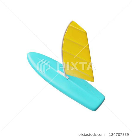 Surfboard with sail 3D cartoon vector icon, realistic windsurfing blue board for active sport on water, sports equipment 124787889