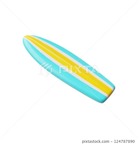 3D surfboard vector icon, realistic surfing board striped blue and yellow design, sport equipment for active water sport 124787890