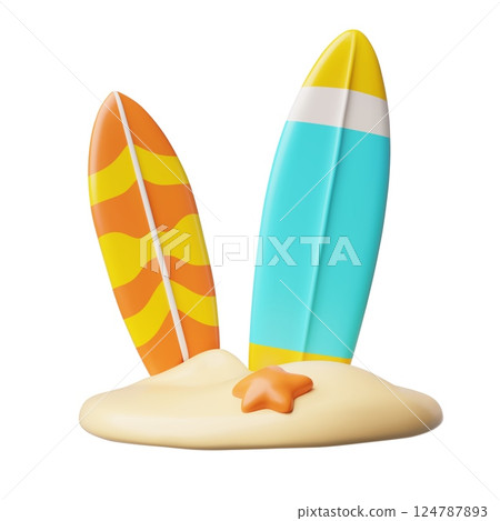 3D illustration of two surfboards stuck in the sand on the beach, next to a starfish. 124787893