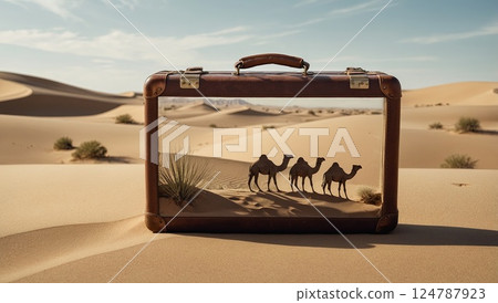 Creative Depiction of a Desert Scene Framed by a Vintage Suitcase 124787923