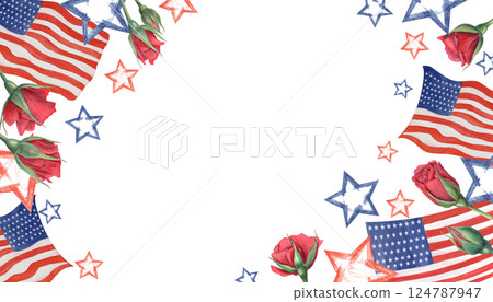 Watercolor red roses, American flags, blue red stars horizontal frame with empty space for text. United State Memorial day or Independence day illustration isolated background. For patriotic design. 124787947
