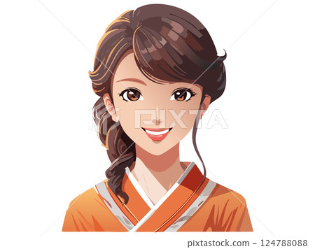 一位美麗的日本女人微笑著面向前方的上身插圖 124788088