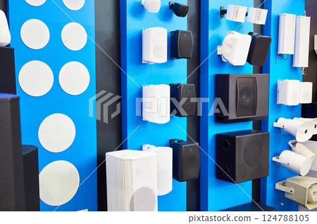 Speakers on the wall in store Speakers on the wall in store 124788105