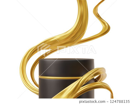 Golden twisted ribbons on black podium display product 3D vector, intertwined wave shapes on pedestal, showcase design 124788135