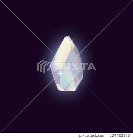 Diamond 3D vector icon, realistic sparkle gem stone with pearl shine, glowing iridescent crystal glass jewelry on dark Diamond 3D vector icon, realistic sparkle gem stone with pearl shine, glowing iridescent crystal glass jewelry on dark 124788150