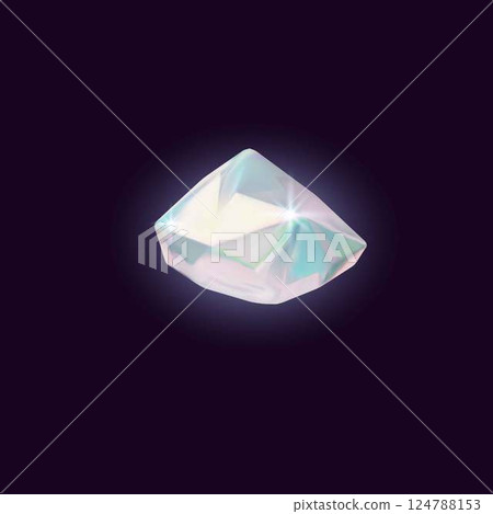 3D Diamond vector icon, realistic gem stone pearl shine effect, glowing iridescent crystal jewelry on dark background 124788153