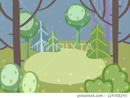 Colored drawing of a meadow in a night forest. Landscape illustration in a children's style. Background for creating postcards, children's books, websites of kindergartens and primary school classes. Colored drawing of a meadow in a night forest. Landscape illustration in a children's style. Background for creating postcards, children's books, websites of kindergartens and primary school classes. 124788243