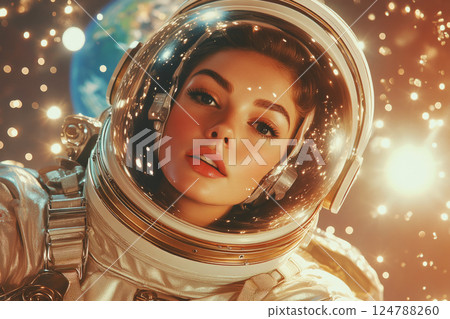 A 1950s pin-up style poster of a woman astronaut in a white spacesuit, floating in zero gravity, with Earth in the background, capturing a playful and empowering space exploration theme 124788260