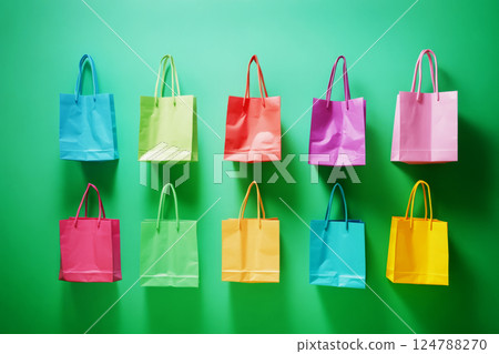 A collection of bright, colorful shopping bags arranged against a green background, offering a clean, modern design ideal for retail promotions or fashion advertising materials 124788270