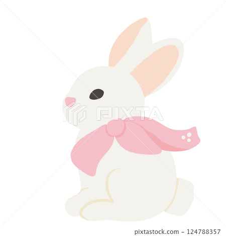 a bunny rabbit with a pink ribbon bow Hand drawn illustration Easter Clipart element Invitations, gifts, greeting cards, print, textile 124788357
