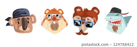 Cute Animal Heads Wearing Stylish Headgears and Sunglasses Vector Set 124788422