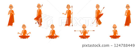 Buddhist Monk in Orange Robe with Stick in Different Poses Vector Set Buddhist Monk in Orange Robe with Stick in Different Poses Vector Set 124788449