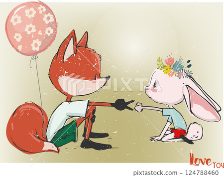 cute little foxy girl with a rabbit cute little foxy girl with a rabbit 124788460