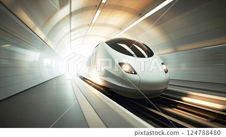 A white sleek high-speed train glides through a vibrant, illuminated cityscape at night, radiating modernity. A white sleek high-speed train glides through a vibrant, illuminated cityscape at night, radiating modernity. 124788480