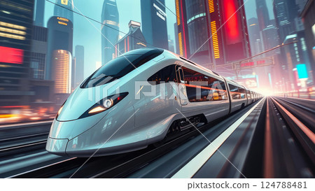 A white sleek high-speed train glides through a vibrant, illuminated cityscape at night, radiating modernity. A white sleek high-speed train glides through a vibrant, illuminated cityscape at night, radiating modernity. 124788481