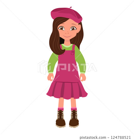 Flat  Illustration of Kid Girl in Red Dress and Beret. Item 4 124788521