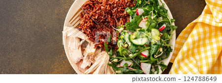 Chicken breast with red rice and salad mix with seasonal organic vegetables Chicken breast with red rice and salad mix with seasonal organic vegetables 124788649