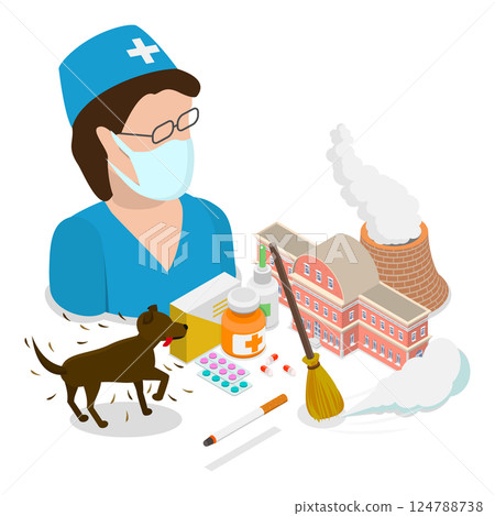 3D Isometric Flat  Illustration of Bronchial Asthma. Item 3 124788738