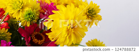 This vibrant bouquet of colorful Zinnia and Rudbeckia Goldquelle flowers brings a cheerful touch to home decor, ideal for a bright and seasonal summer arrangement, banner This vibrant bouquet of colorful Zinnia and Rudbeckia Goldquelle flowers brings a cheerful touch to home decor, ideal for a bright and seasonal summer arrangement, banner 124788872