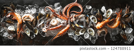 A stunning seafood platter featuring fresh octopus, shrimp, and dorado, arranged on black concrete with ice, evoking a sophisticated and inviting atmosphere, banner A stunning seafood platter featuring fresh octopus, shrimp, and dorado, arranged on black concrete with ice, evoking a sophisticated and inviting atmosphere, banner 124788911