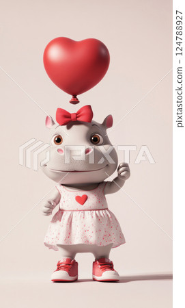 The happy baby hippopotamus, wearing a dress and sneakers, smiles brightly while holding a heart-shaped balloon, perfect for a kids story character The happy baby hippopotamus, wearing a dress and sneakers, smiles brightly while holding a heart-shaped balloon, perfect for a kids story character 124788927