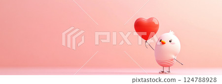 This adorable baby chicken with a red balloon captures a joyful, happy mood, perfect for a children story, set against a soft pastel-toned background, banner 124788928