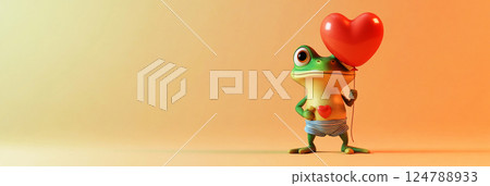 The baby frog, dressed in a fun outfit, holds a heart-shaped balloon with a joyful expression, perfect for a kids story character, banner The baby frog, dressed in a fun outfit, holds a heart-shaped balloon with a joyful expression, perfect for a kids story character, banner 124788933