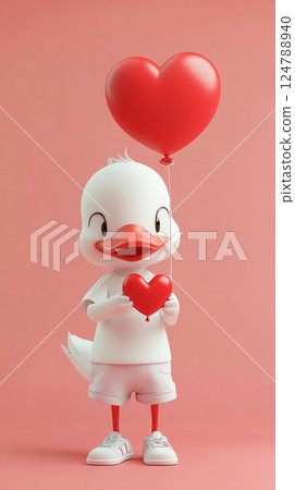 The white duck, dressed in a fun outfit, smiles happily while holding a heart-shaped balloon, making it a delightful kids story character The white duck, dressed in a fun outfit, smiles happily while holding a heart-shaped balloon, making it a delightful kids story character 124788940