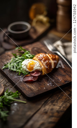 A flaky croissant with a runny poached egg, fresh arugula, and savory ham, set on a dark wood background. Deep shadows and soft highlights bring out its rich, gourmet appeal A flaky croissant with a runny poached egg, fresh arugula, and savory ham, set on a dark wood background. Deep shadows and soft highlights bring out its rich, gourmet appeal 124788942