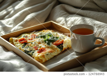 A dark wooden tray with a rolled omelette, feta, spinach, and mint tea, placed on a white linen bed, creating a cozy, warm morning atmosphere in a modern bedroom 124788943