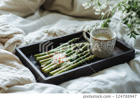 A dark modern wooden tray with roasted asparagus, Parmesan cheese, and chili flakes, accompanied by a cup of fragrant hot tea with mint leaves. Set on a white linen bed with soft sunlight filling A dark modern wooden tray with roasted asparagus, Parmesan cheese, and chili flakes, accompanied by a cup of fragrant hot tea with mint leaves. Set on a white linen bed with soft sunlight filling 124788947