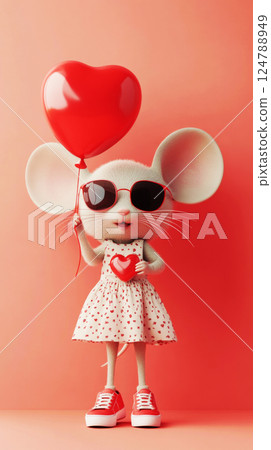 This playful girl mouse, dressed in a fun outfit with sunglasses, holds a heart-shaped balloon, creating a joyful and cheerful scene for a kids story 124788949
