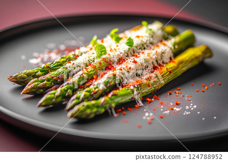 Fresh asparagus grilled to perfection, sprinkled with chili flakes and Parmesan cheese, served on a plate. A crunchy, healthy, and flavorful side dish, ideal for any meal or light lunch 124788952
