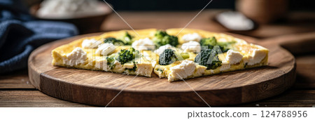 A rustic frittata cut into perfect triangles, made with fresh broccoli, creamy goat cheese, and a delicate Parmesan layer. Natural lighting enhances its textures, creating a cozy feel, banner 124788956