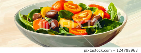 A wholesome, nutrient-packed vegetable salad with spinach, carrots, cherry tomatoes, and olives, highlighted by a drizzle of olive oil, perfect for a fresh and organic meal, banner A wholesome, nutrient-packed vegetable salad with spinach, carrots, cherry tomatoes, and olives, highlighted by a drizzle of olive oil, perfect for a fresh and organic meal, banner 124788968